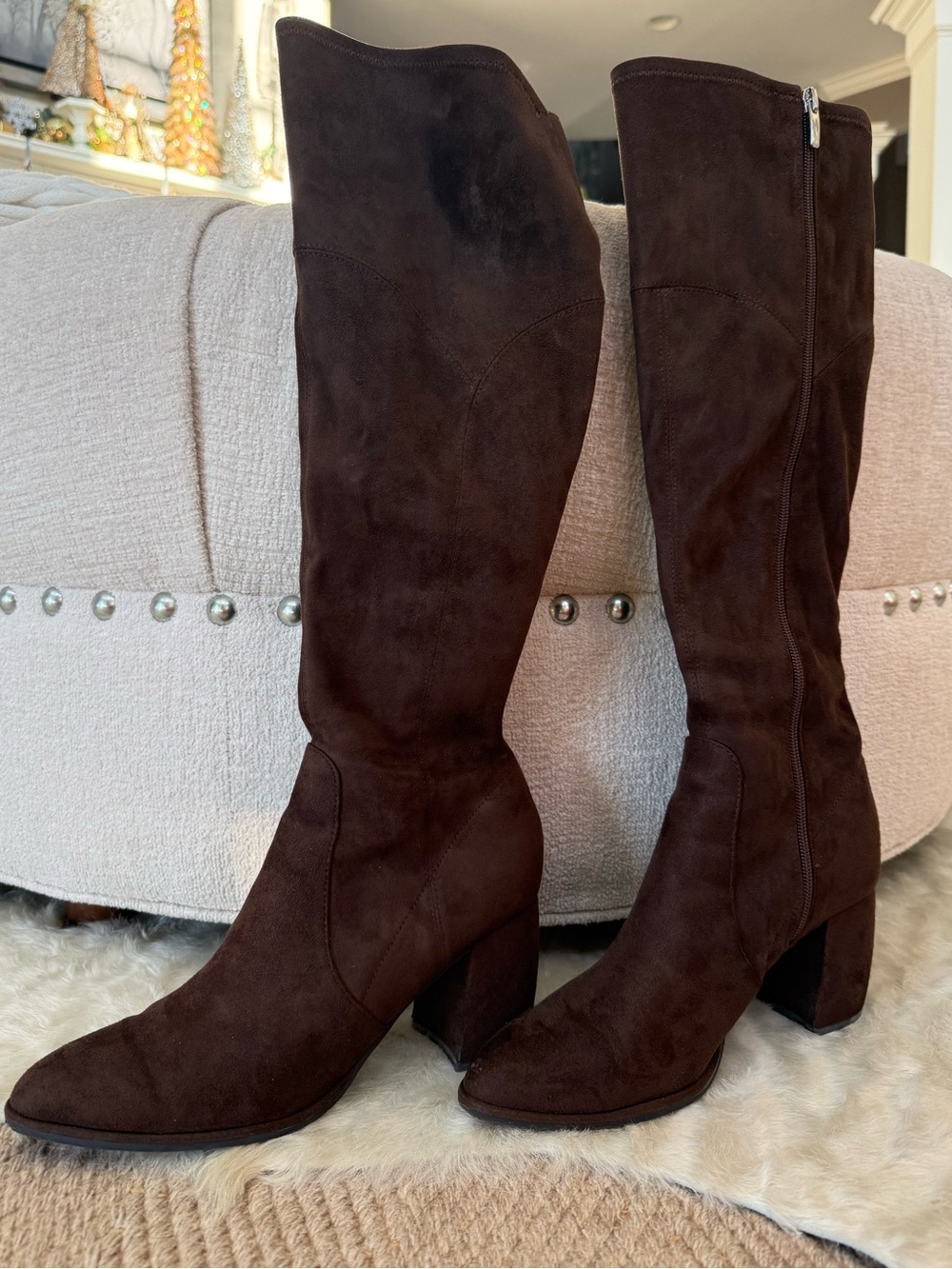 Marc Fisher Dark Brown Suede Knee-High Block Heel Boots
